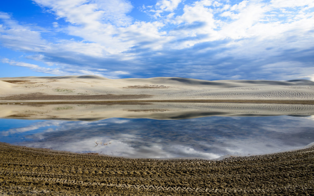 Landscape of sand dunes reflected in a pond.