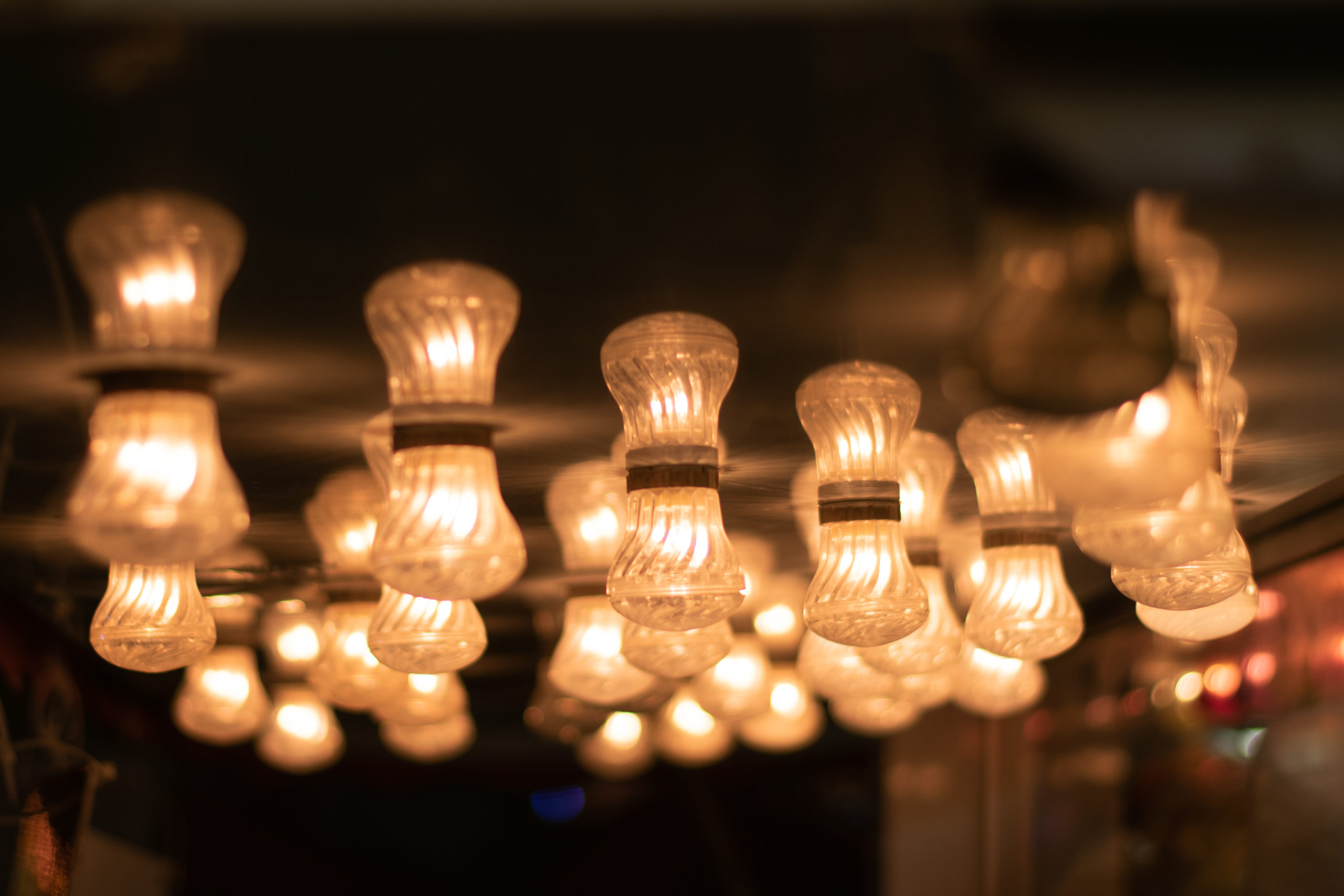 A closeup photo of carnival food truck lightbulbs.